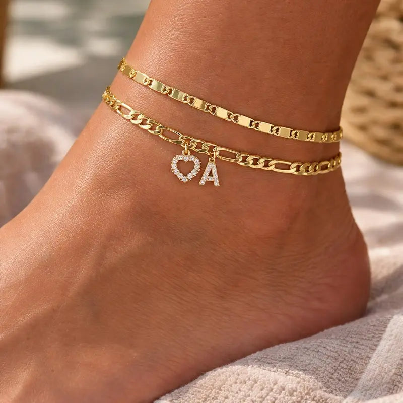 2pc 14k Letter Initial & Sparkling Heart Anklet — product detail