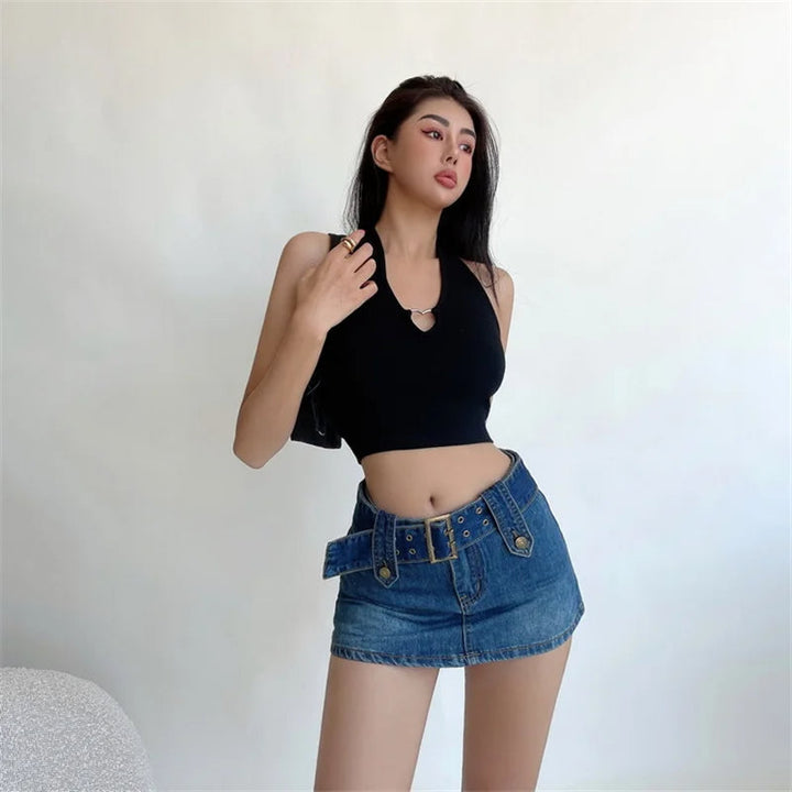 Vixen Belted Denim Mini Skirt