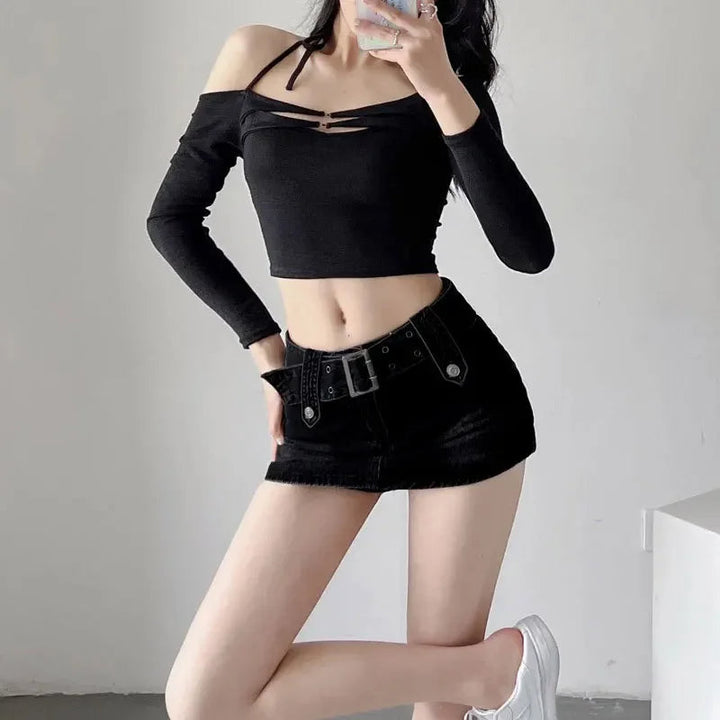 Vixen Belted Denim Mini Skirt