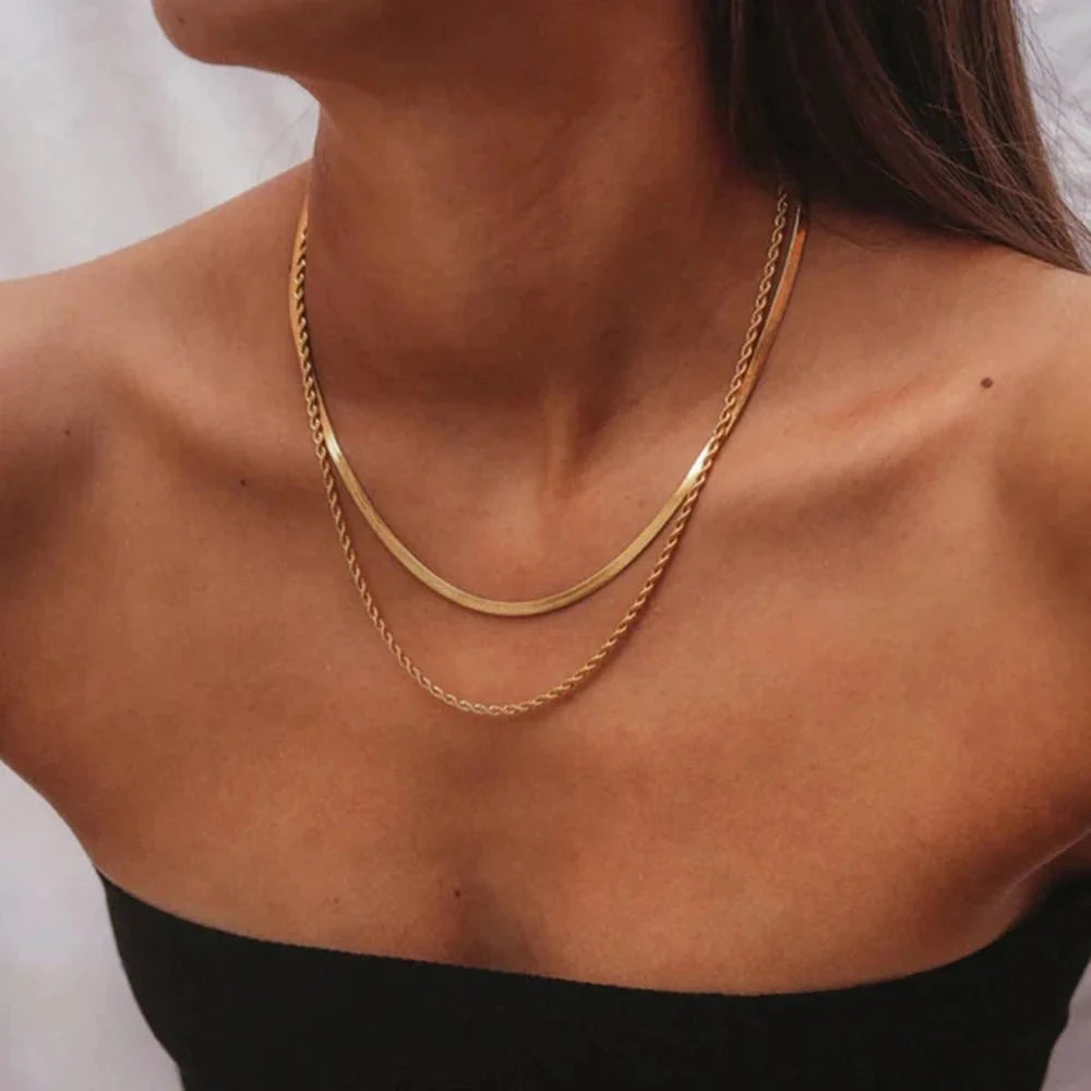 18k Layered Herringbone & Rope Chain Necklace — product detail