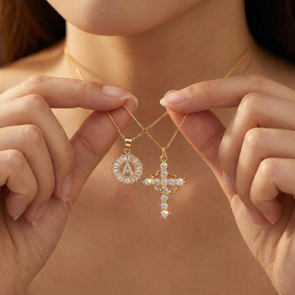 2pc 14k Sparkling Cross Crown & Initial Necklace Set — product detail