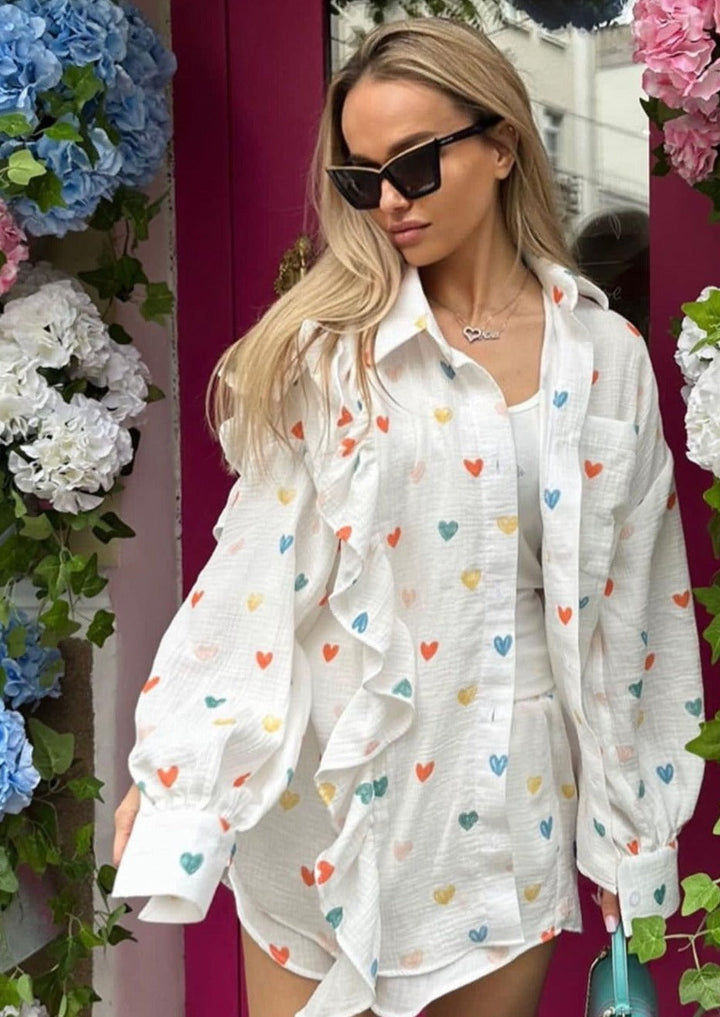 OPHELIE – HEART PRINT SHIRT & SHORTS TWO-PIECE SET