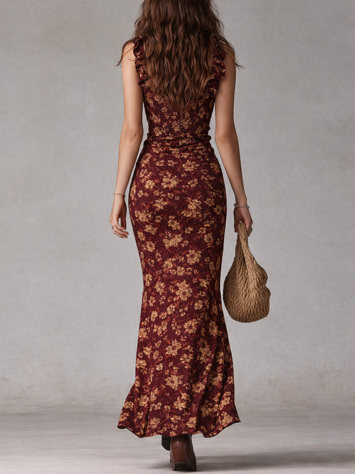 Boho Retro Ruffled Sleeves High Slit Maxi Dress