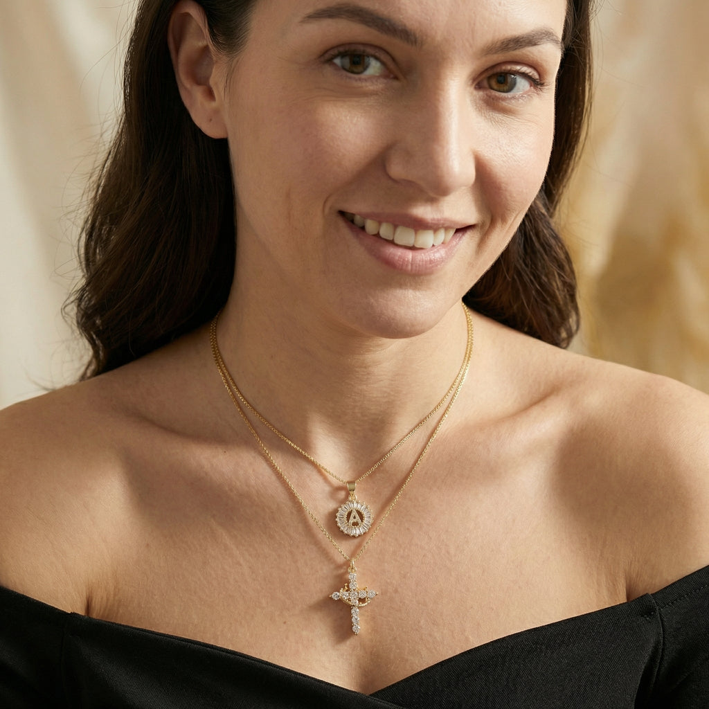 2pc 14k Sparkling Cross Crown & Initial Necklace Set — product detail