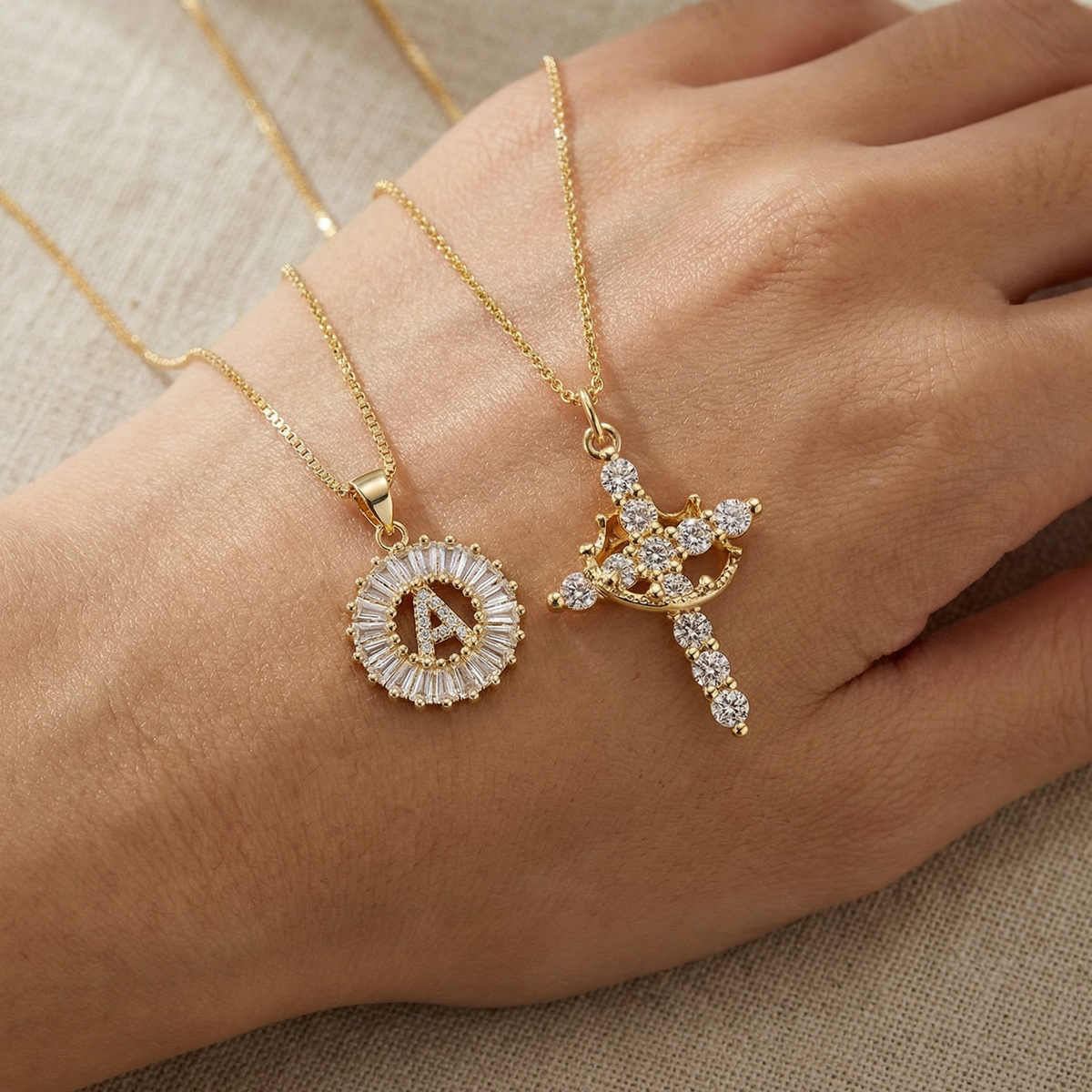 2pc 14k Sparkling Cross Crown & Initial Necklace Set — product detail