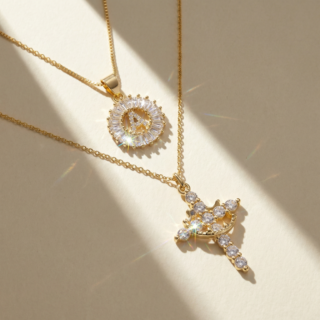 2pc 14k Sparkling Cross Crown & Initial Necklace Set — product detail
