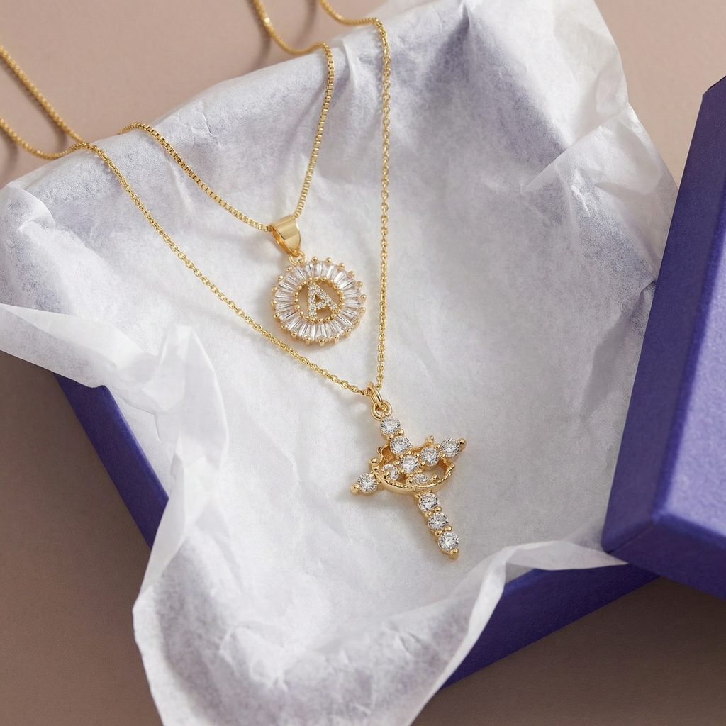 2pc 14k Sparkling Cross Crown & Initial Necklace Set — product detail