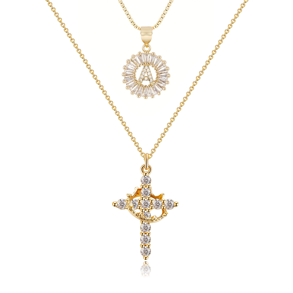 2pc 14k Sparkling Cross Crown & Initial Necklace Set — product detail