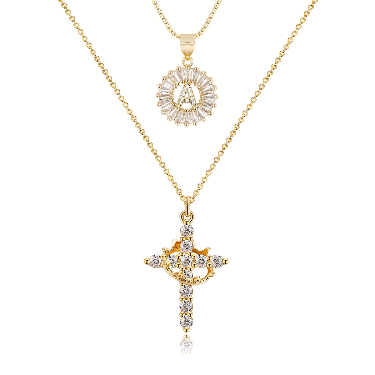 2pc 14k Sparkling Cross Crown & Initial Necklace Set — product detail