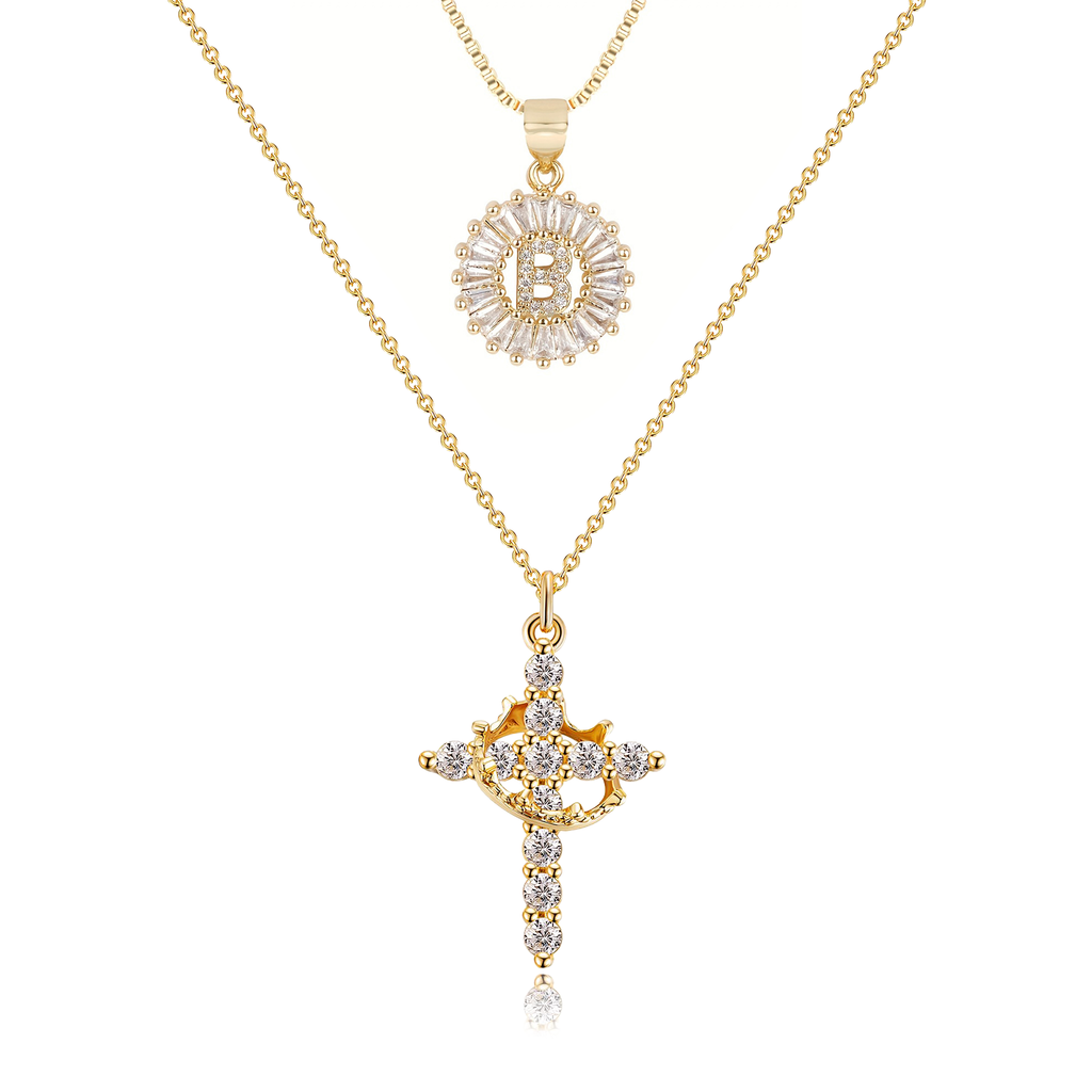 2pc 14k Sparkling Cross Crown & Initial Necklace Set — product detail