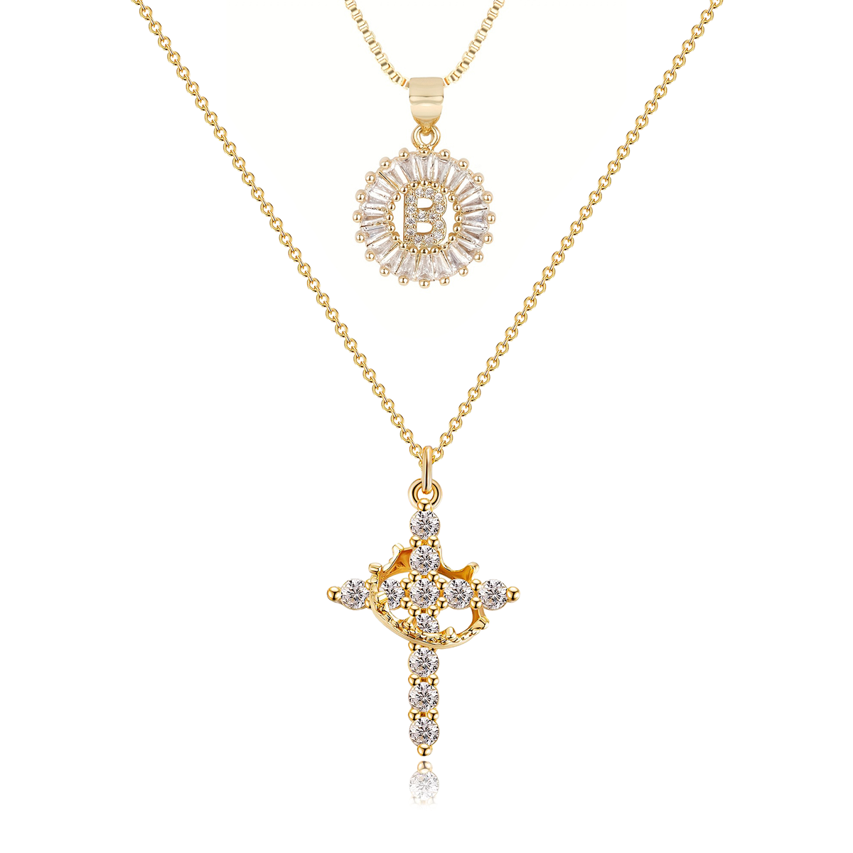 2pc 14k Sparkling Cross Crown & Initial Necklace Set — product detail