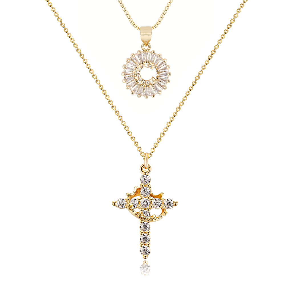 2pc 14k Sparkling Cross Crown & Initial Necklace Set — product detail