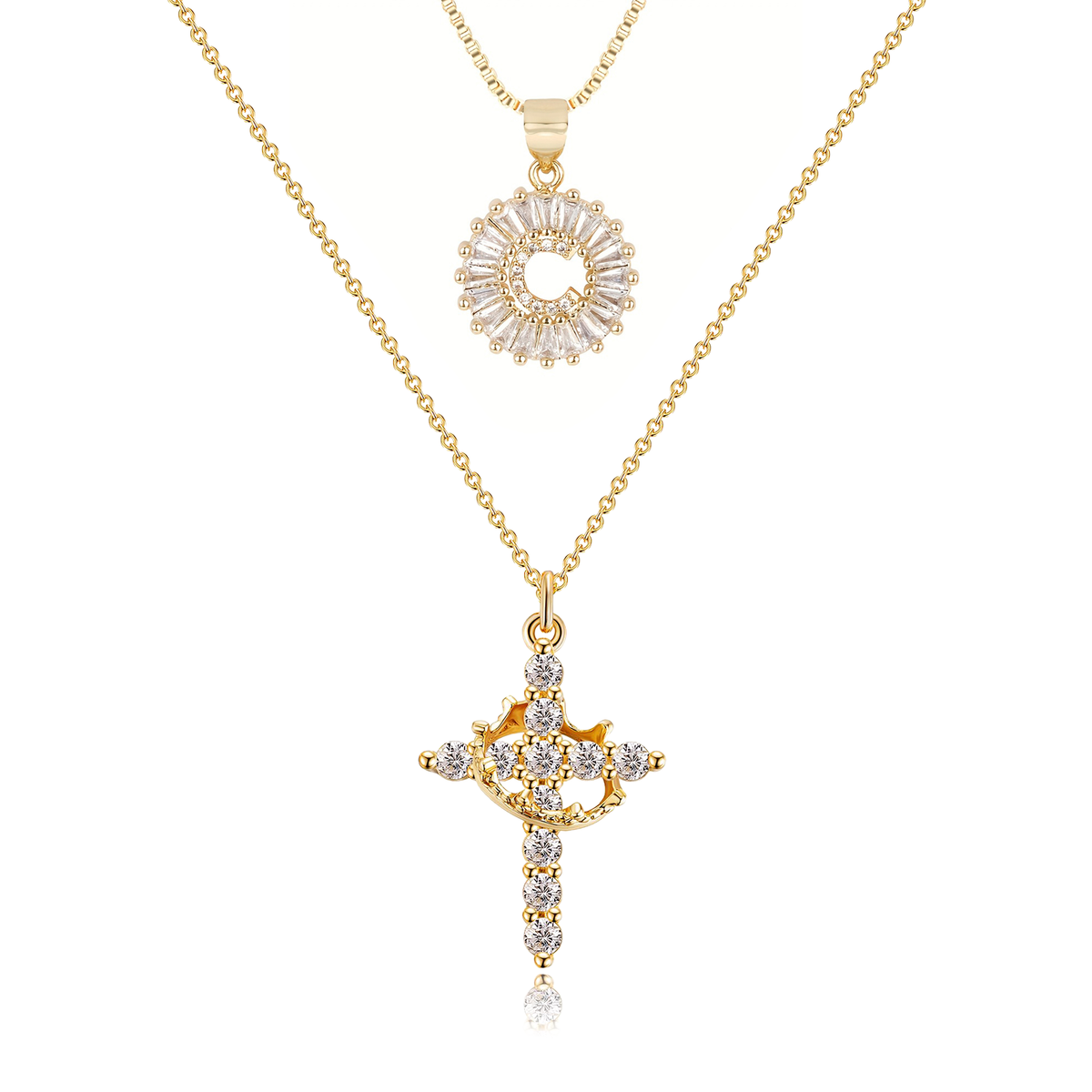 2pc 14k Sparkling Cross Crown & Initial Necklace Set — product detail