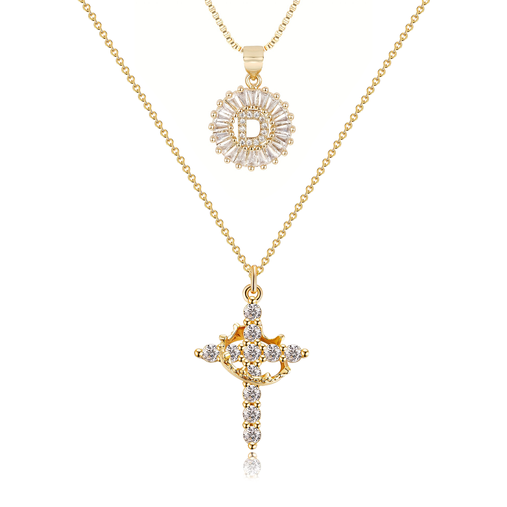 2pc 14k Sparkling Cross Crown & Initial Necklace Set — product detail