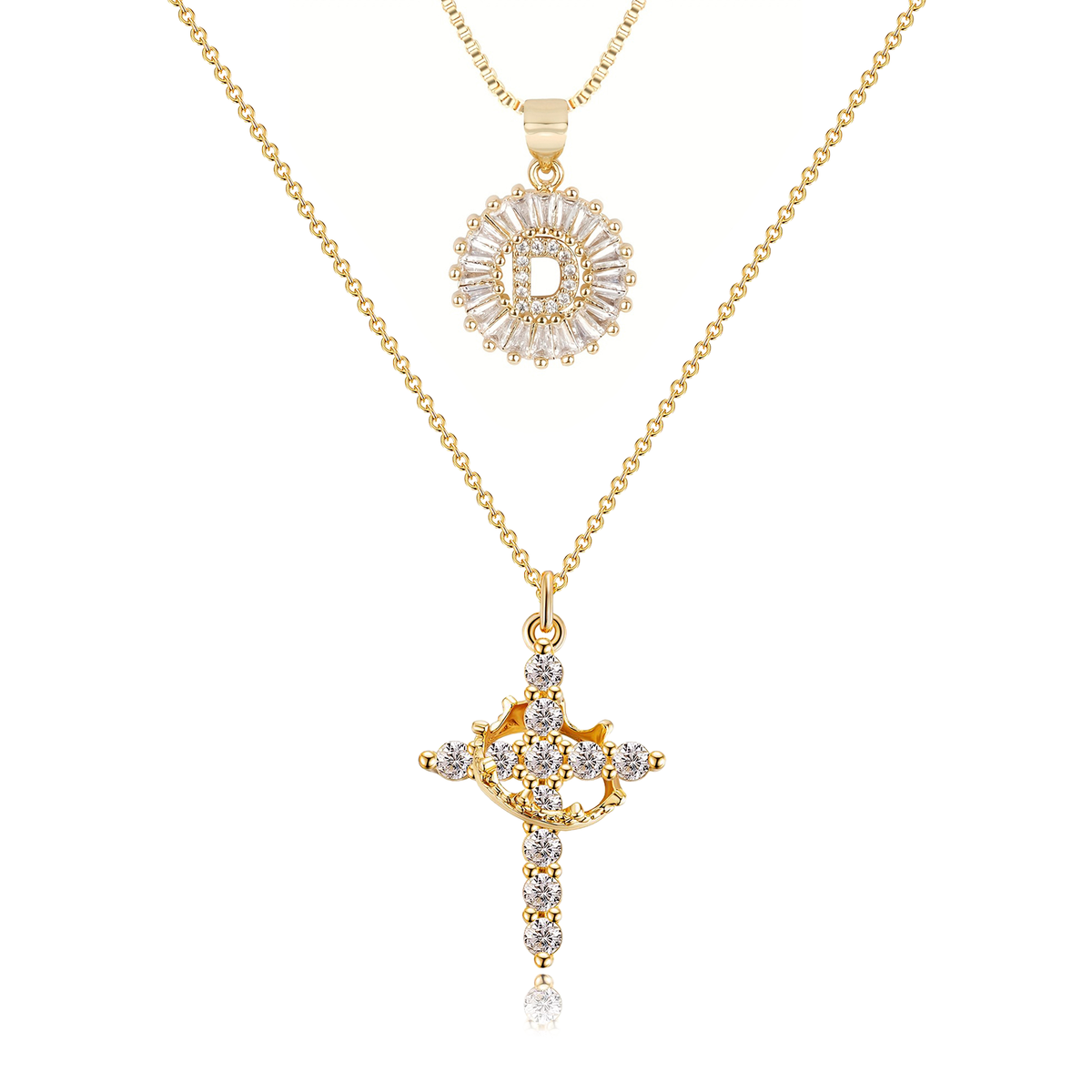 2pc 14k Sparkling Cross Crown & Initial Necklace Set — product detail