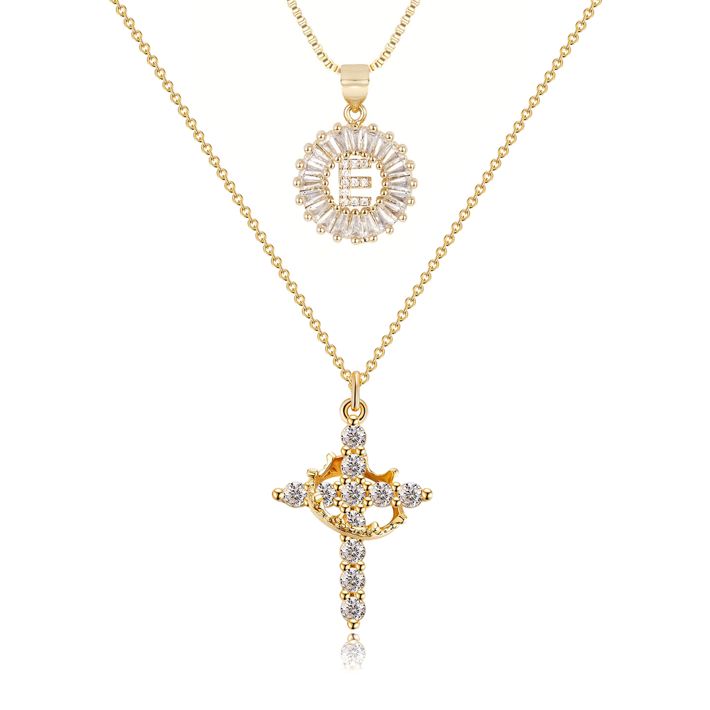 2pc 14k Sparkling Cross Crown & Initial Necklace Set — product detail