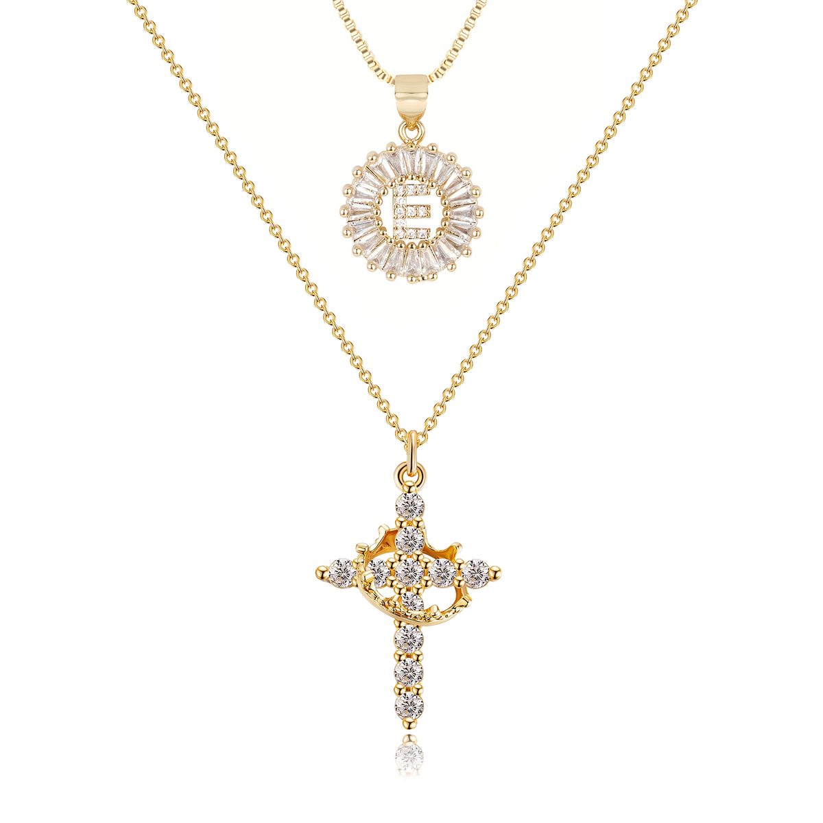 2pc 14k Sparkling Cross Crown & Initial Necklace Set — product detail
