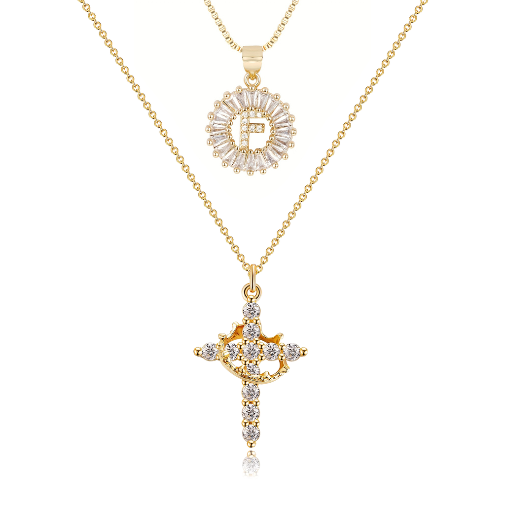 2pc 14k Sparkling Cross Crown & Initial Necklace Set — product detail