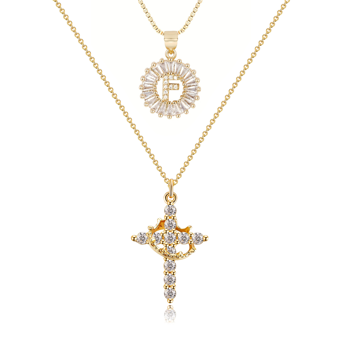 2pc 14k Sparkling Cross Crown & Initial Necklace Set — product detail