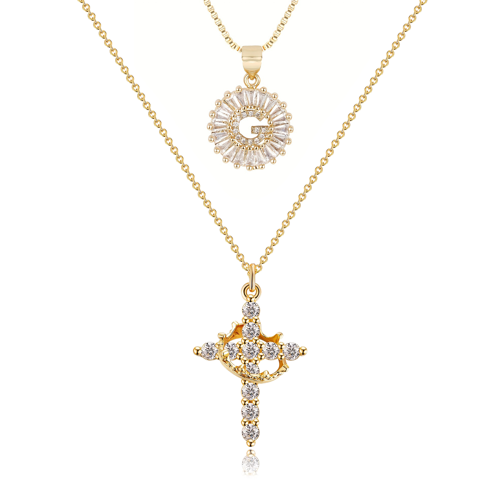 2pc 14k Sparkling Cross Crown & Initial Necklace Set — product detail
