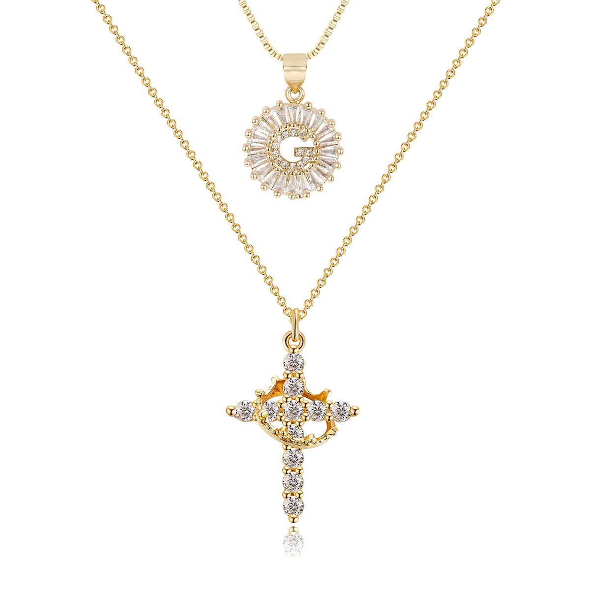 2pc 14k Sparkling Cross Crown & Initial Necklace Set — product detail