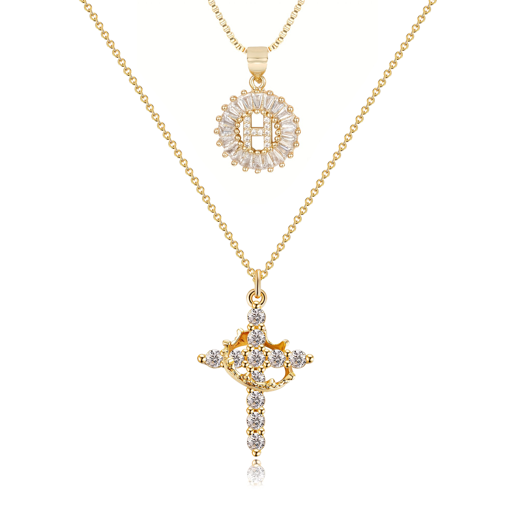 2pc 14k Sparkling Cross Crown & Initial Necklace Set — product detail