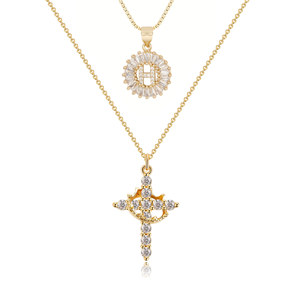 2pc 14k Sparkling Cross Crown & Initial Necklace Set — product detail