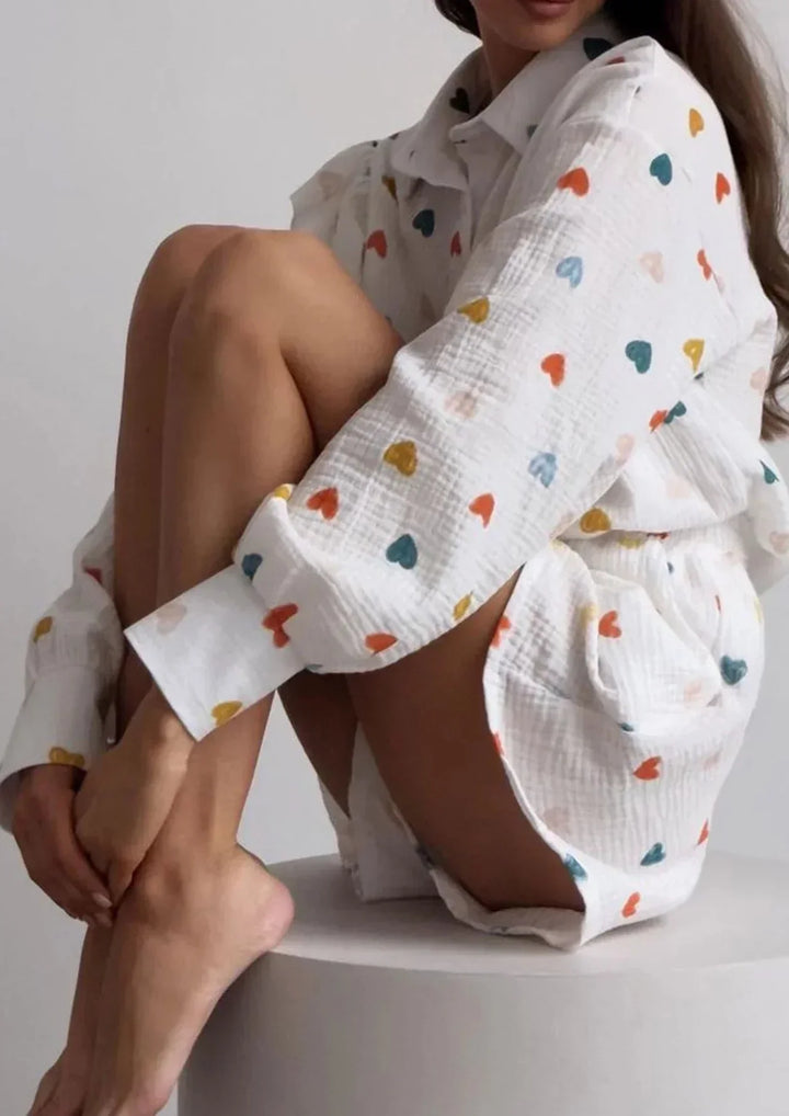 OPHELIE – HEART PRINT SHIRT & SHORTS TWO-PIECE SET