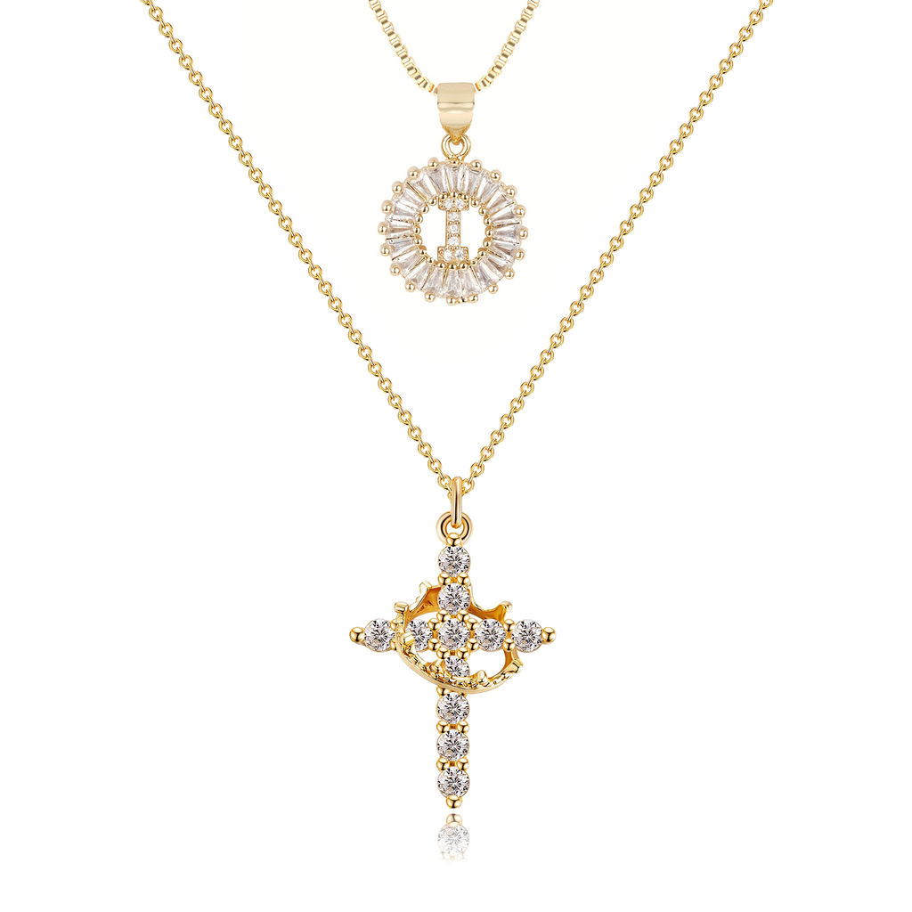 2pc 14k Sparkling Cross Crown & Initial Necklace Set — product detail