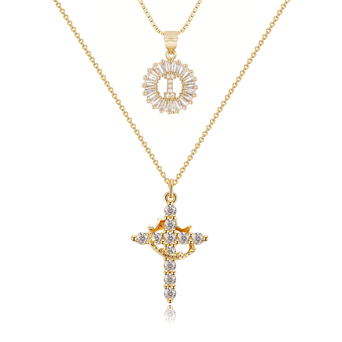 2pc 14k Sparkling Cross Crown & Initial Necklace Set — product detail