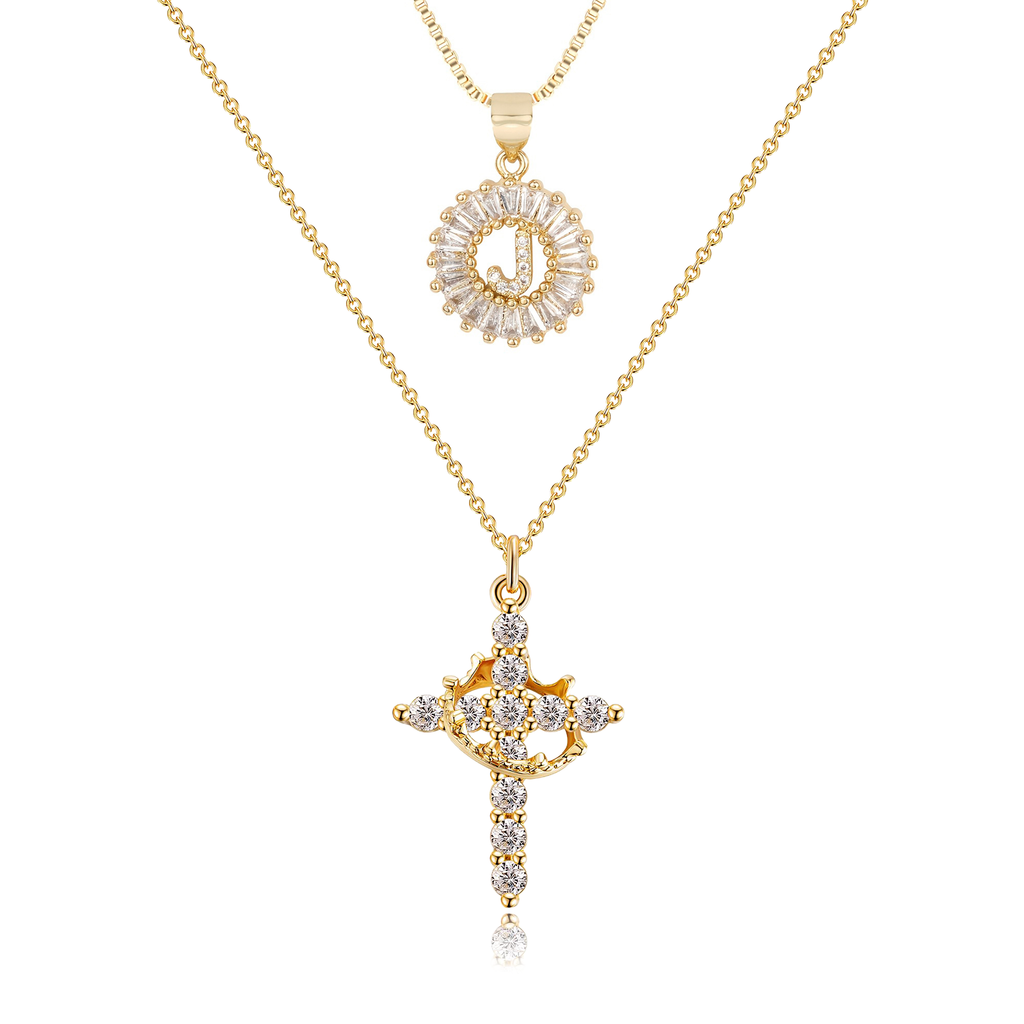 2pc 14k Sparkling Cross Crown & Initial Necklace Set — product detail