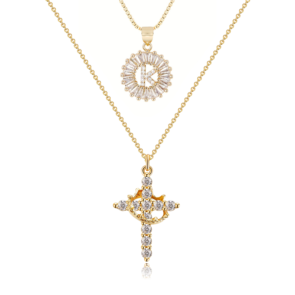 2pc 14k Sparkling Cross Crown & Initial Necklace Set — product detail