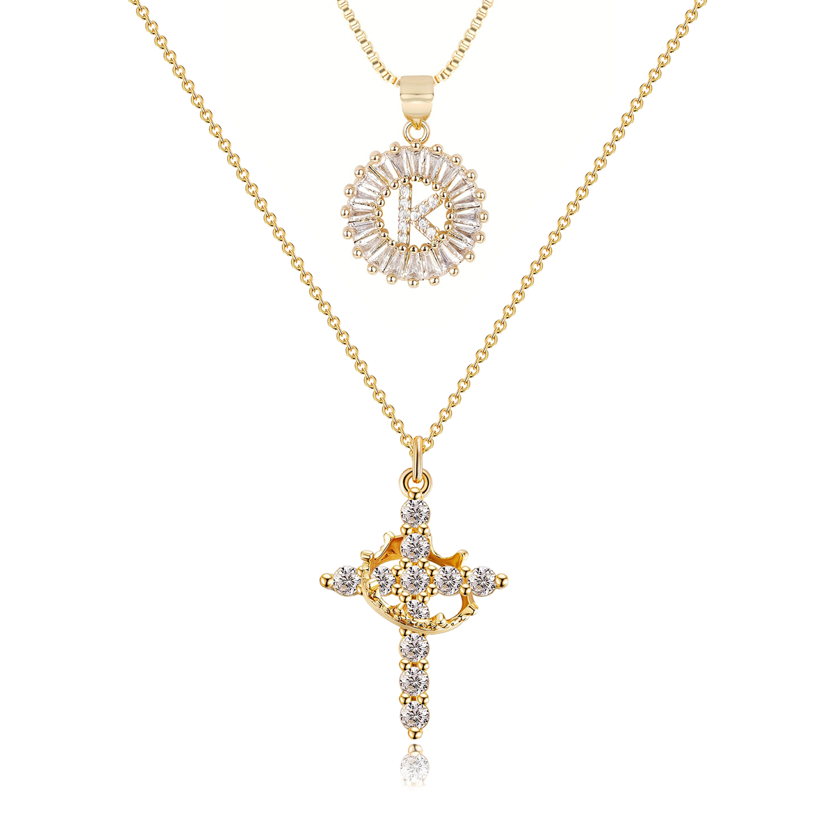 2pc 14k Sparkling Cross Crown & Initial Necklace Set — product detail