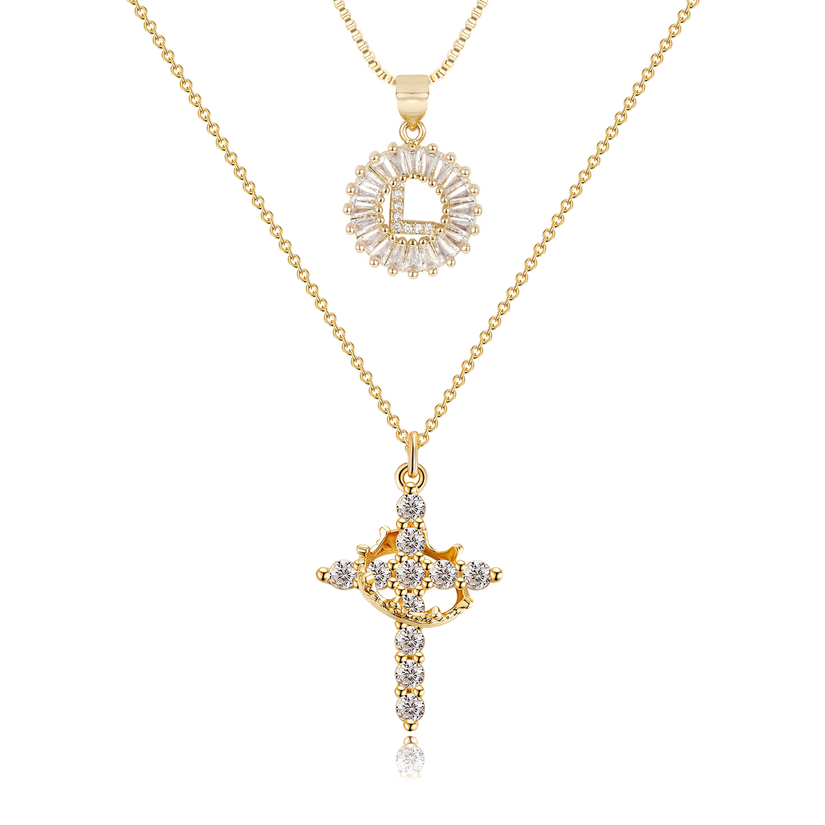 2pc 14k Sparkling Cross Crown & Initial Necklace Set — product detail