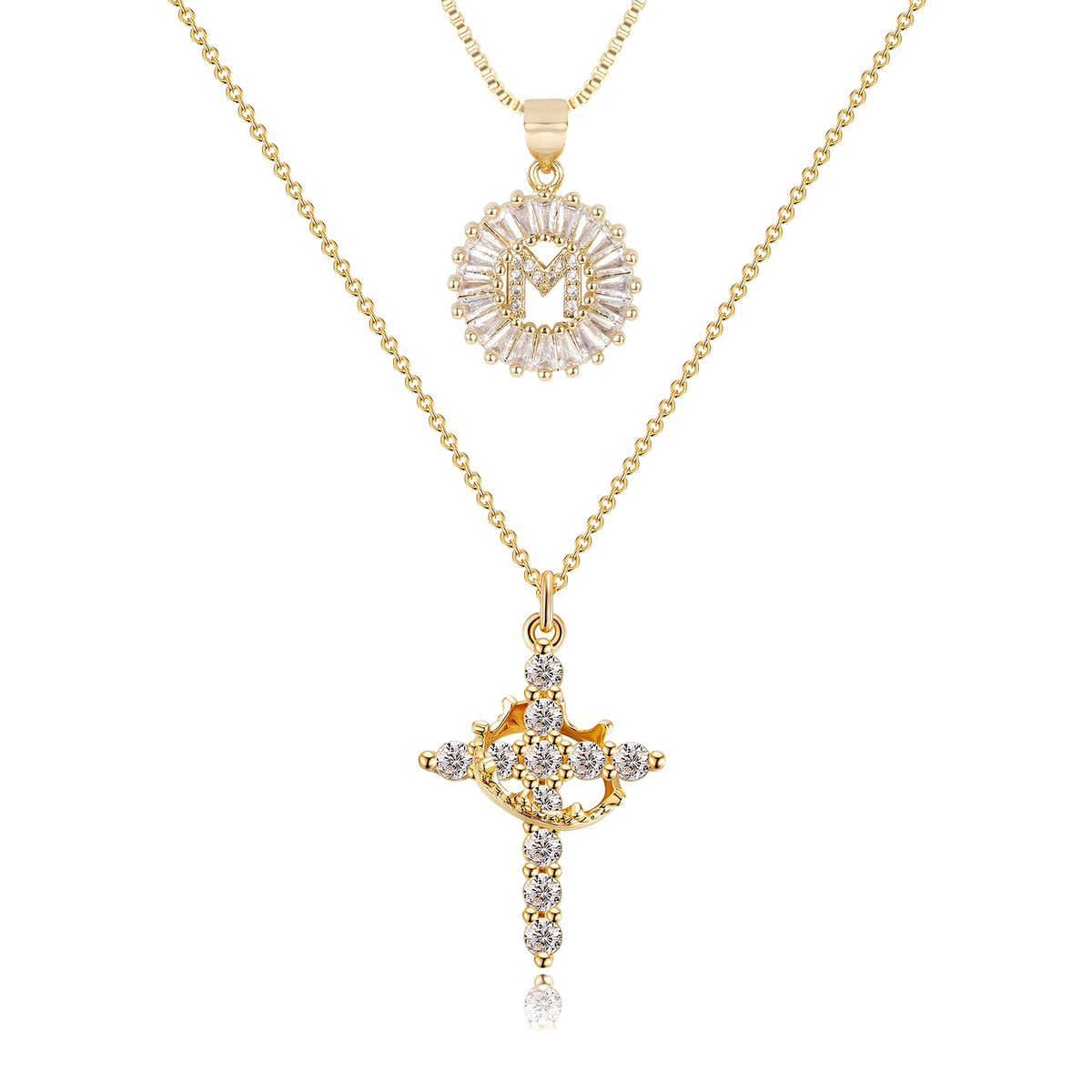 2pc 14k Sparkling Cross Crown & Initial Necklace Set — product detail