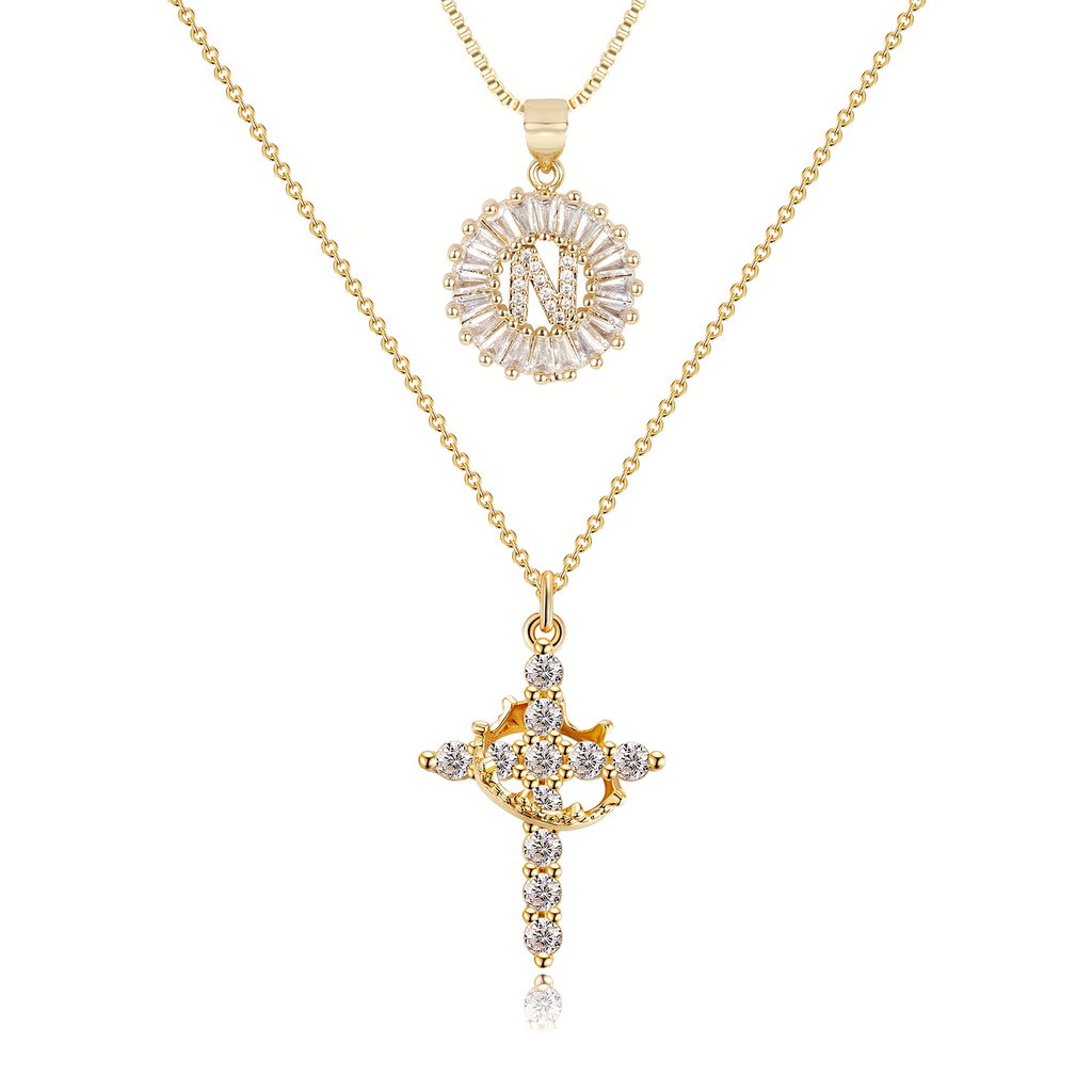 2pc 14k Sparkling Cross Crown & Initial Necklace Set — product detail