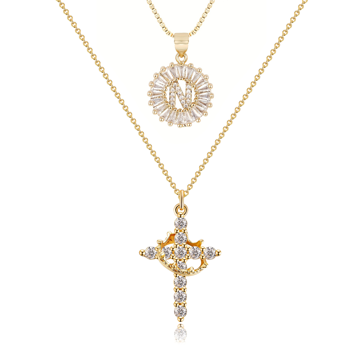 2pc 14k Sparkling Cross Crown & Initial Necklace Set — product detail