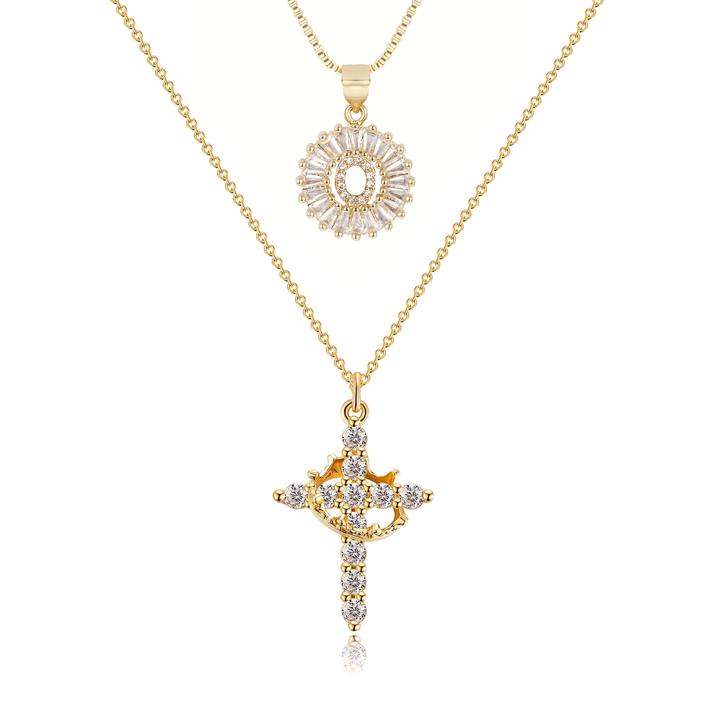 2pc 14k Sparkling Cross Crown & Initial Necklace Set — product detail