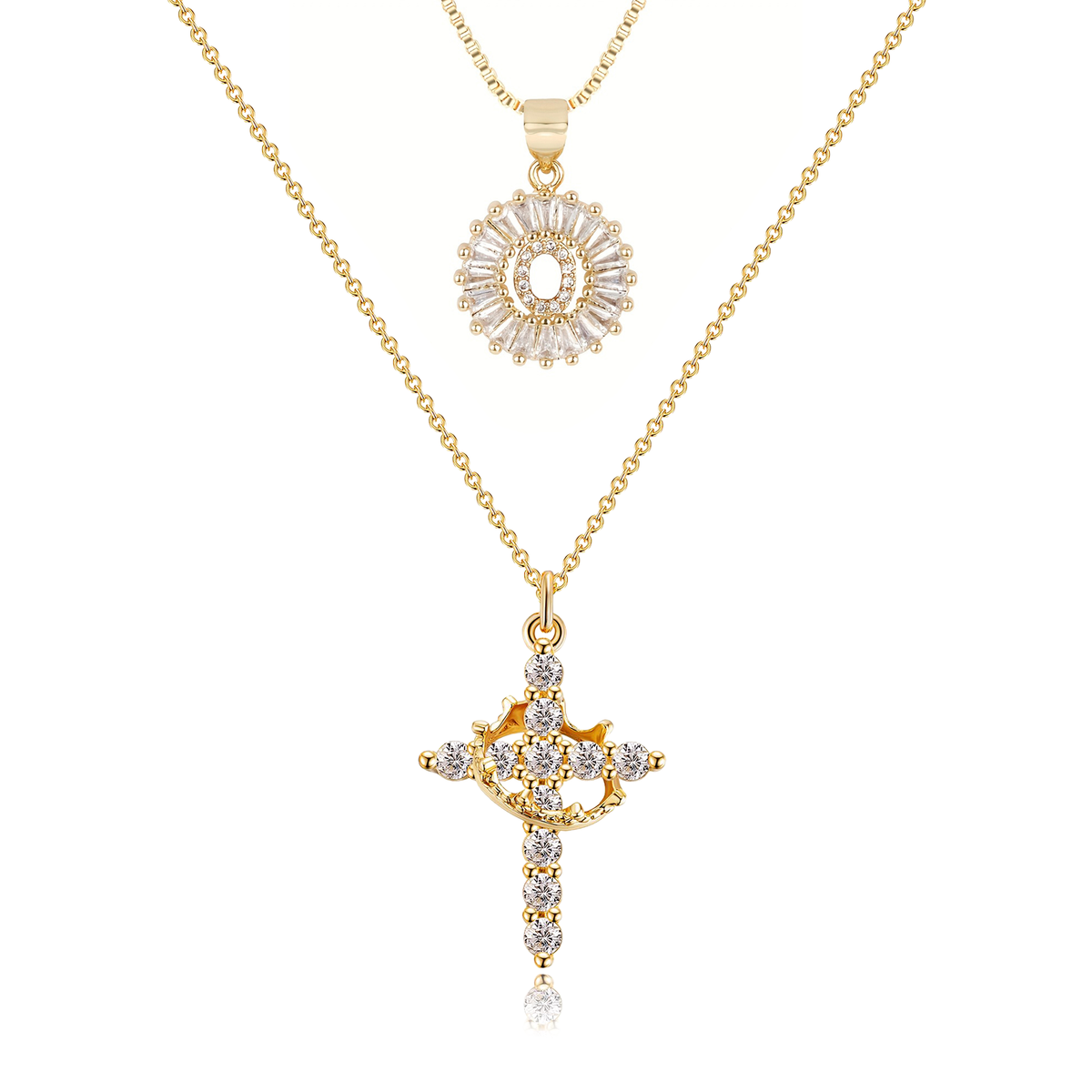 2pc 14k Sparkling Cross Crown & Initial Necklace Set — product detail
