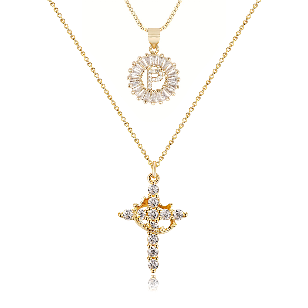 2pc 14k Sparkling Cross Crown & Initial Necklace Set — product detail