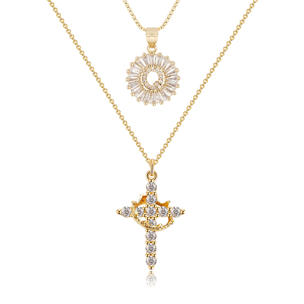 2pc 14k Sparkling Cross Crown & Initial Necklace Set — product detail