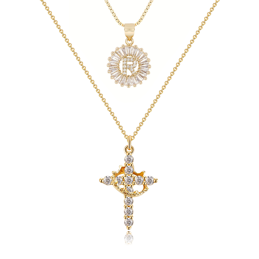 2pc 14k Sparkling Cross Crown & Initial Necklace Set — product detail