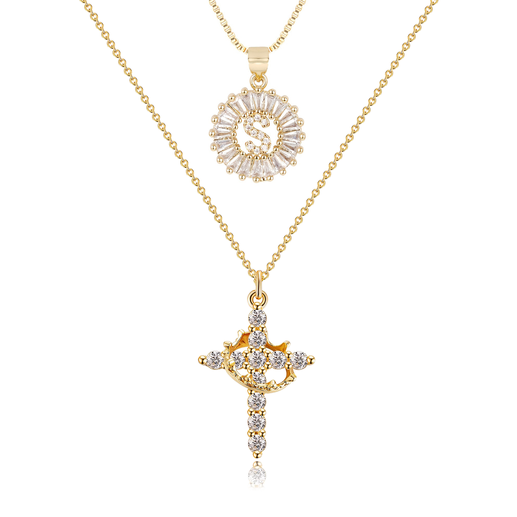 2pc 14k Sparkling Cross Crown & Initial Necklace Set — product detail