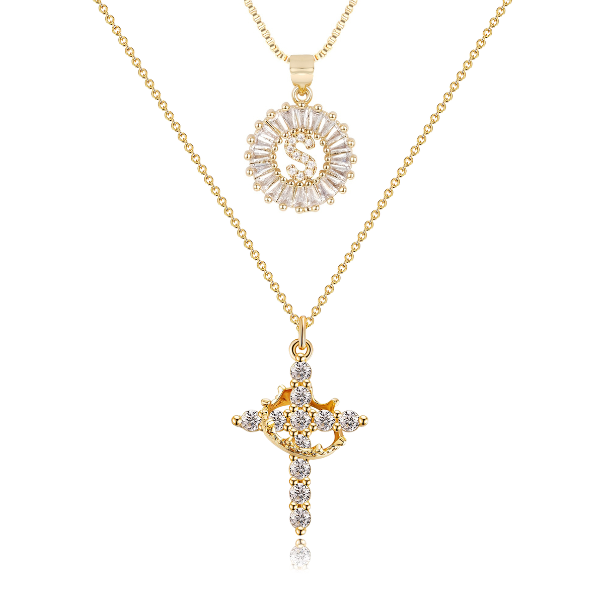 2pc 14k Sparkling Cross Crown & Initial Necklace Set — product detail