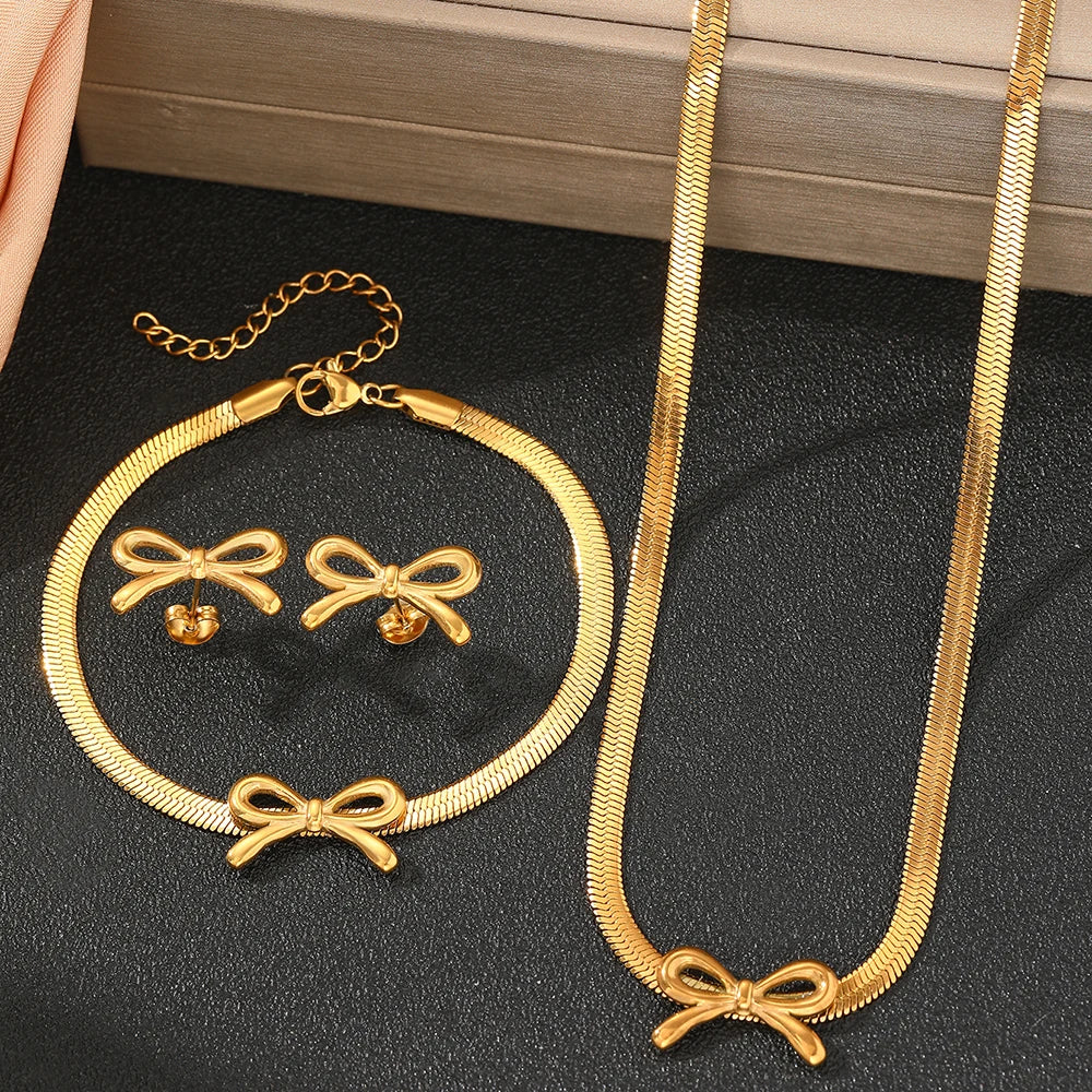 Feminine Bow Herringbone Chain Necklace, Bracelet, and Earring Set — product detail