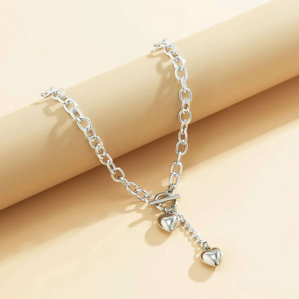 Bold Chunky Chain Link Dual Heart Lariat Necklace & Bracelet — product detail