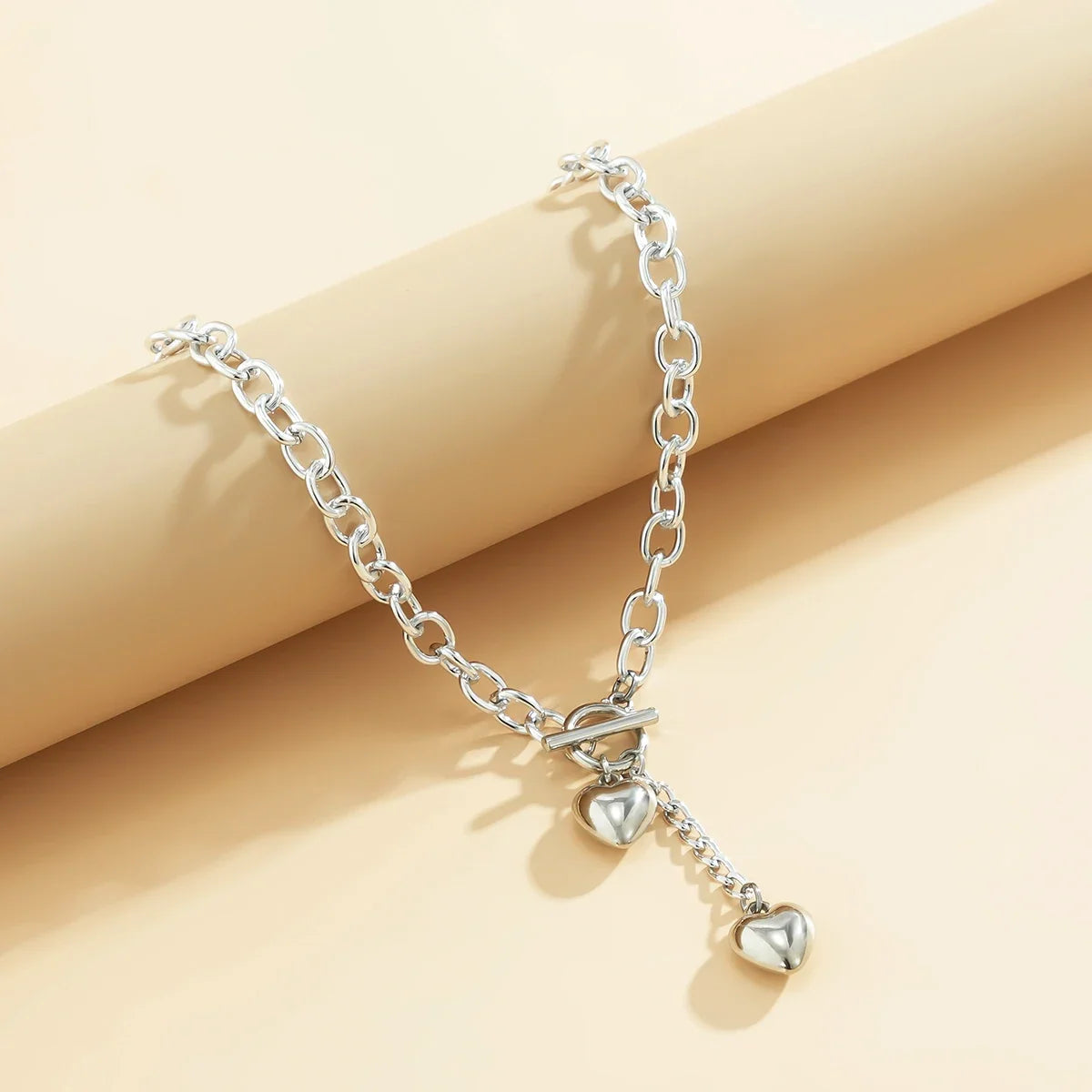 Bold Chunky Chain Link Dual Heart Lariat Necklace & Bracelet — product detail