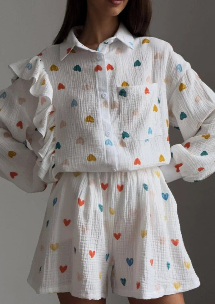 OPHELIE – HEART PRINT SHIRT & SHORTS TWO-PIECE SET