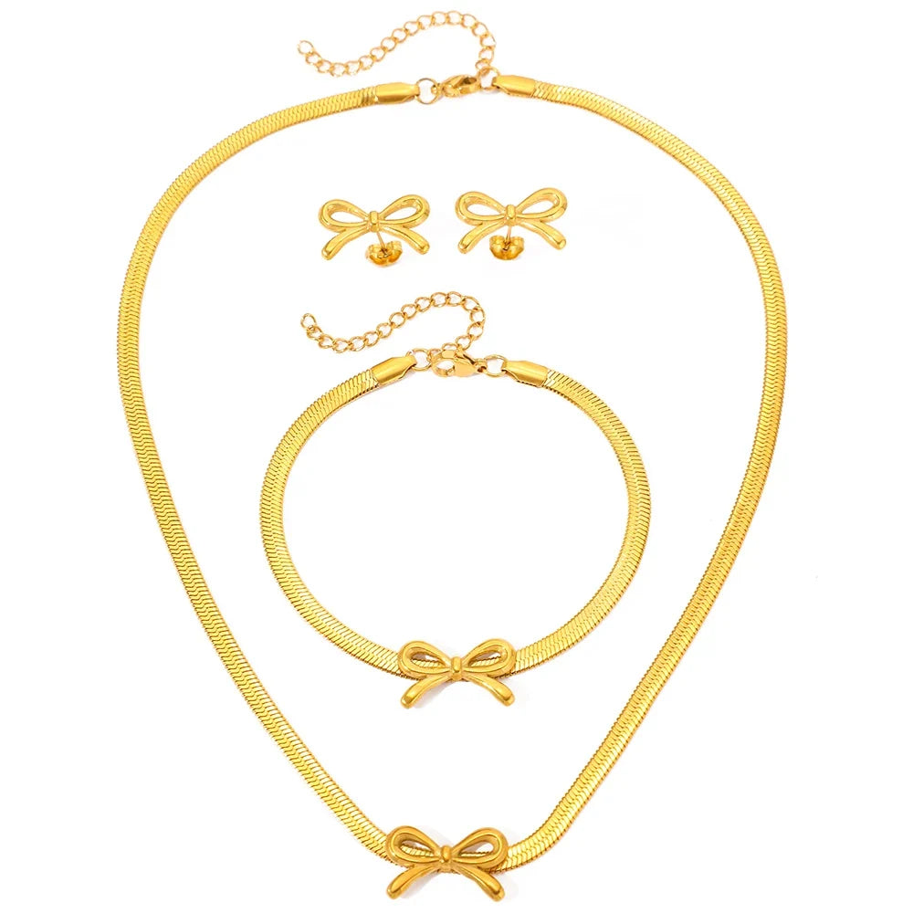 Feminine Bow Herringbone Chain Necklace, Bracelet, and Earring Set — product detail