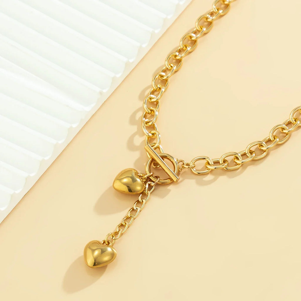 Bold Chunky Chain Link Dual Heart Lariat Necklace & Bracelet — product detail